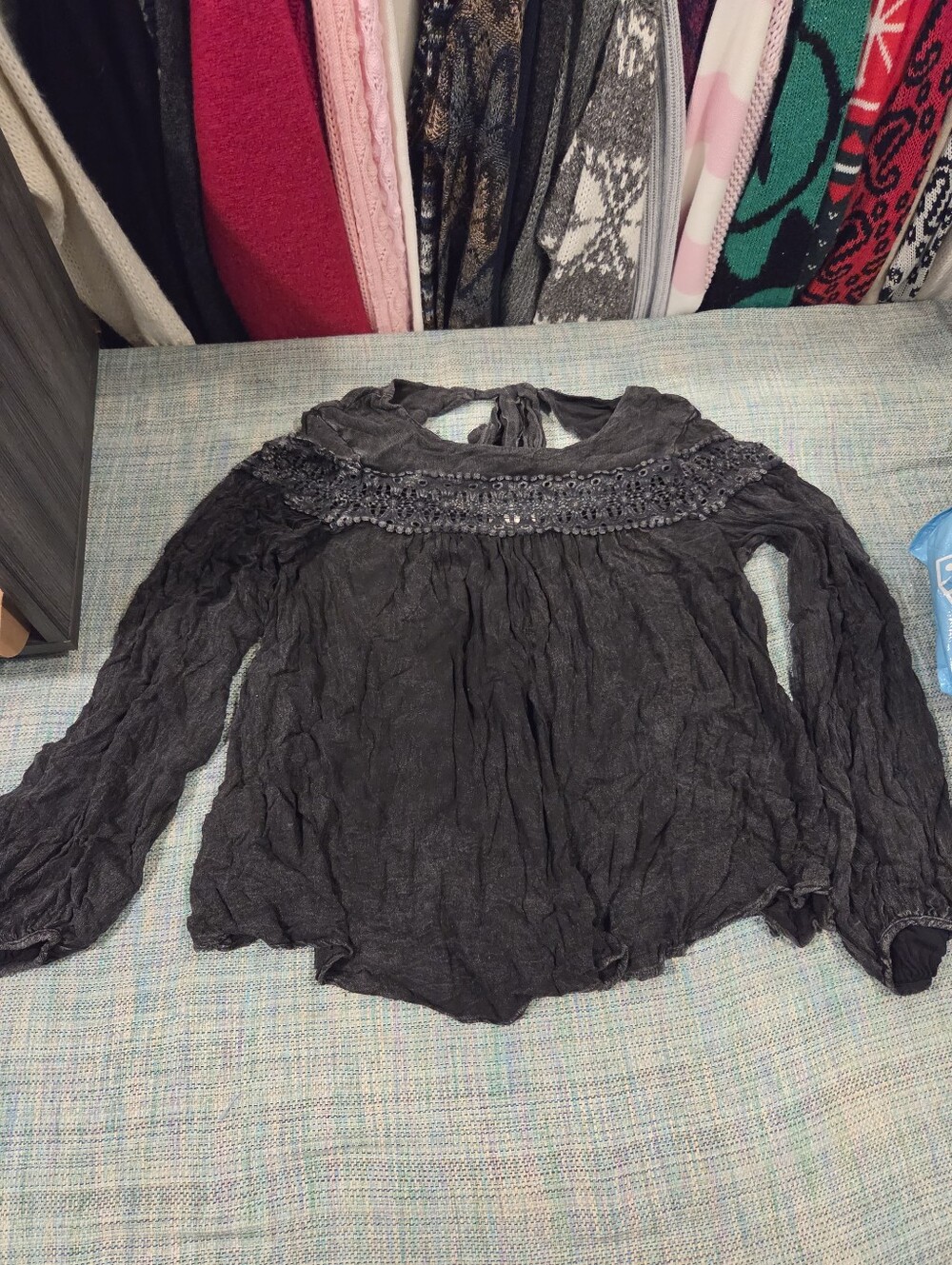 Altar'd State Black Acid Wash Boho Tie-Neck Long Sleeve Blouse